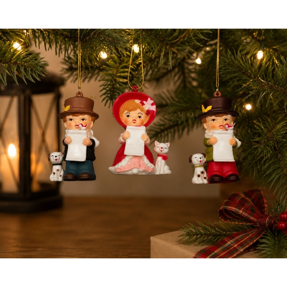 Vintage Christmas Carolers Ornaments Set of 3 Boy Girl Dogs Cat Retro Kitsch